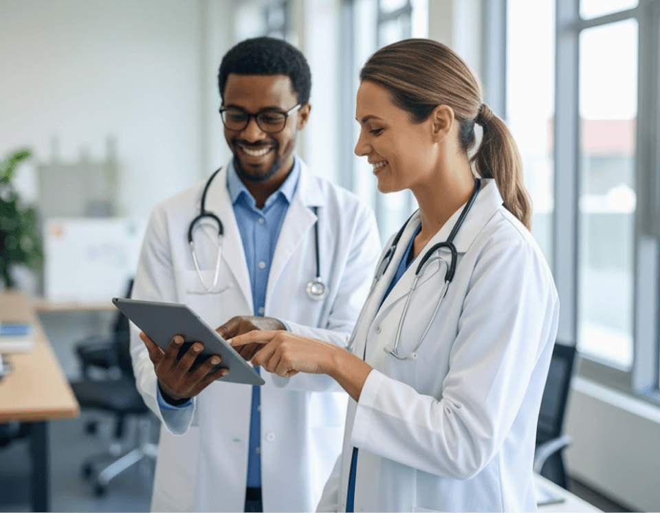 Fotografia de dois médicos, um homem e uma mulher, sorrindo enquanto analisam informações em um tablet, representando a agilidade no atendimento e o ganho de tempo para focar no cuidado aos pacientes.