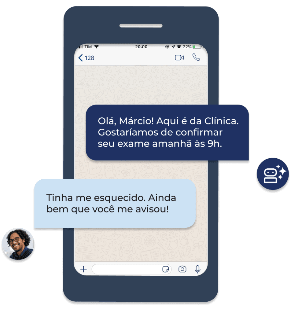 Interface de um smartphone exibindo uma conversa por aplicativo de mensagens onde a inteligência artificial da clínica confirma o agendamento de um exame, ilustrando a automação para reduzir filas e melhorar a experiência do paciente.