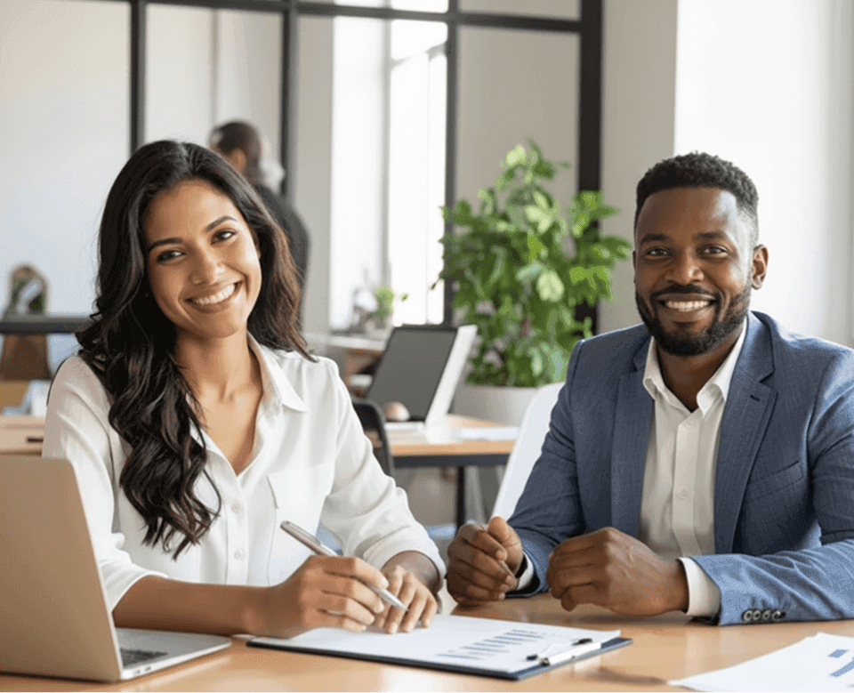 equipe-atendimento-contato-demonstracao-tactium Casal de especialistas sorrindo em uma mesa de escritório com notebook e relatórios, prontos para tirar dúvidas e realizar uma demonstração prática das soluções da Tactium.