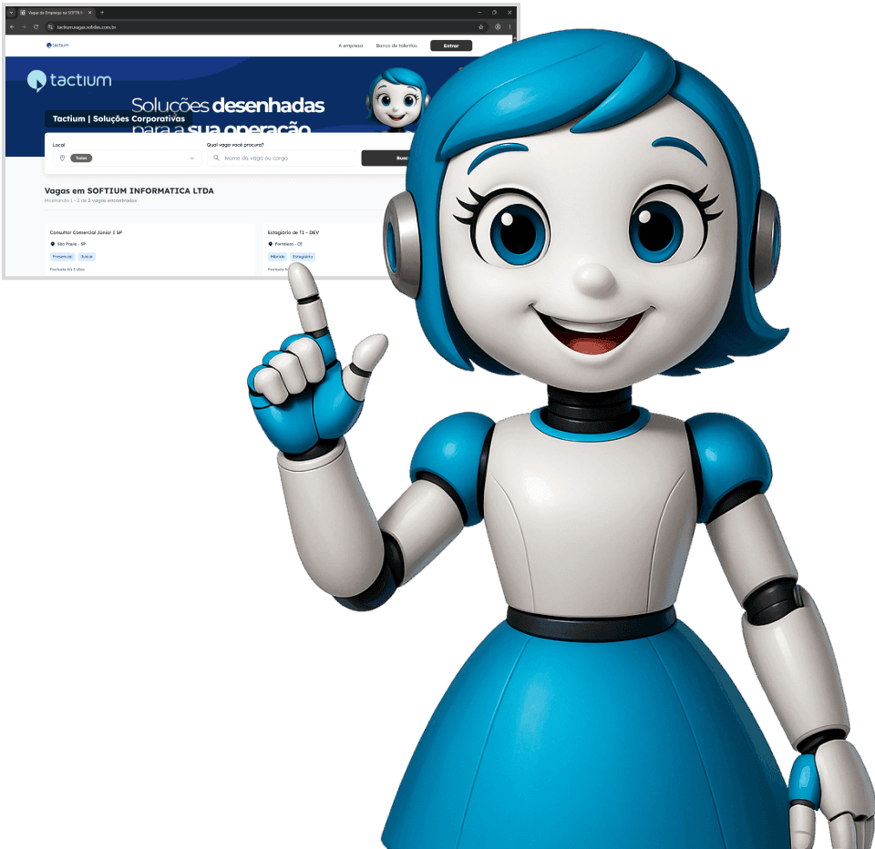 trabalhe-conosco-vagas-carreiras-mascote-tactium Mascote 3D da Tactium apontando de forma amigável para a tela do portal de carreiras, convidando novos talentos para visualizar as vagas disponíveis e trabalhar na empresa.