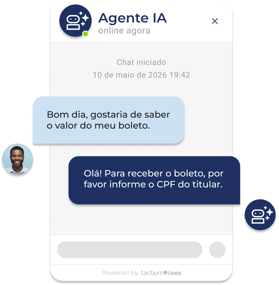 Interface de chat simulando o atendimento a um cliente que solicita o valor do boleto e interage com um Agente de Inteligência Artificial, ilustrando a automação, organização e previsibilidade nas operações financeiras.
