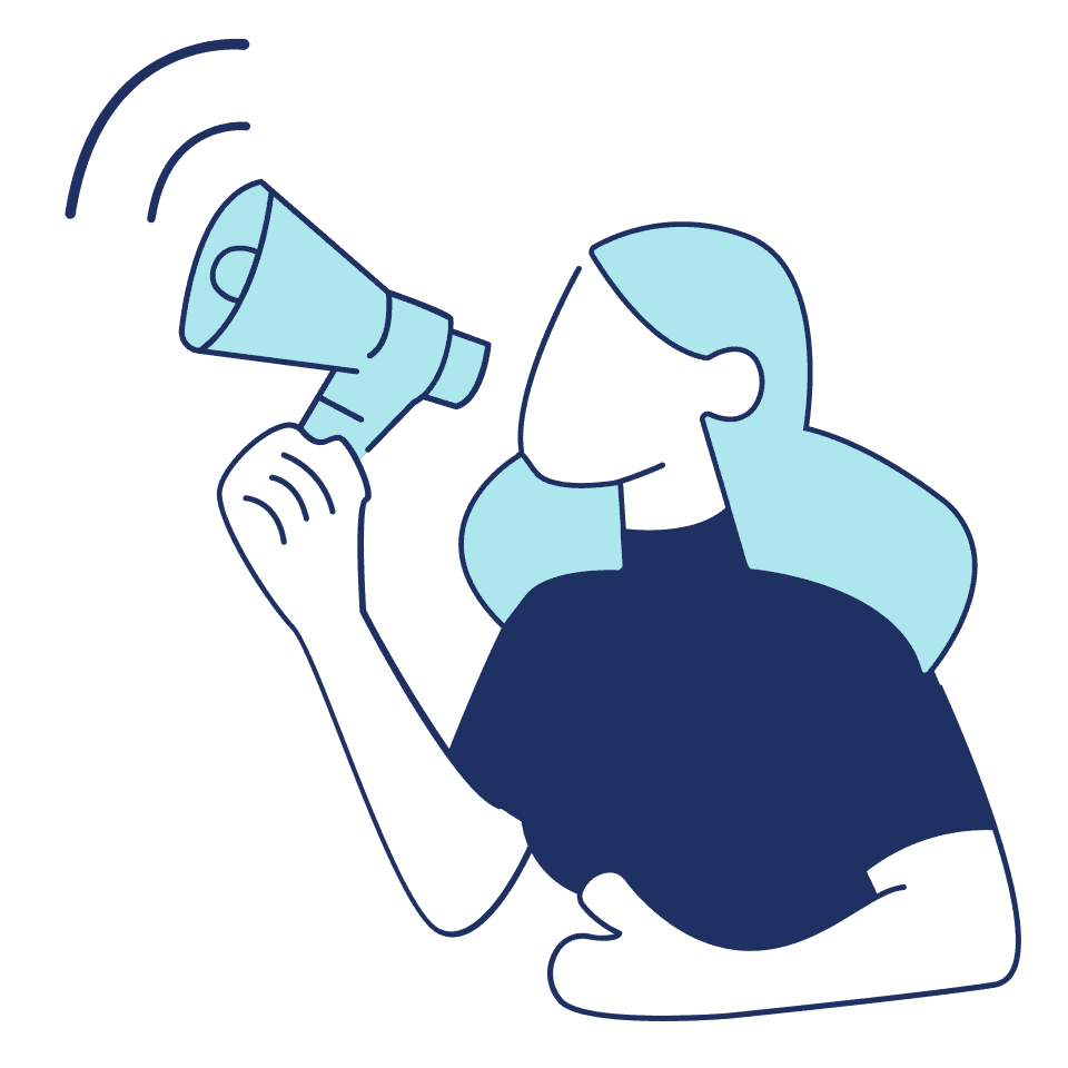 campanhas-ativas-discagem-preditiva-contato-proativo Ilustração vetorial de uma mulher segurando um megafone, simbolizando operações de contato proativo, alcance de grande volume e campanhas ativas estruturadas.