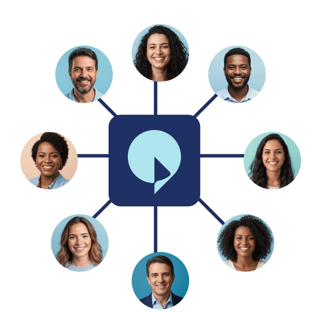 distribuicao-chamadas-telefonia-produtividade-agentes Logotipo da plataforma Tactium no centro, interligado a diversos rostos de clientes sorrindo, ilustrando a gestão de alto volume e a distribuição inteligente de chamadas para aumentar a produtividade.