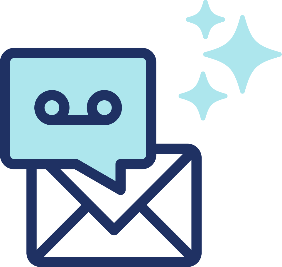 filtro-caixa-postal-inteligencia-artificial-telefonia Ícone vetorial combinando um envelope e um balão de diálogo com símbolo de gravação de voz, representando o filtro de caixa postal de alta precisão operado por inteligência artificial.
