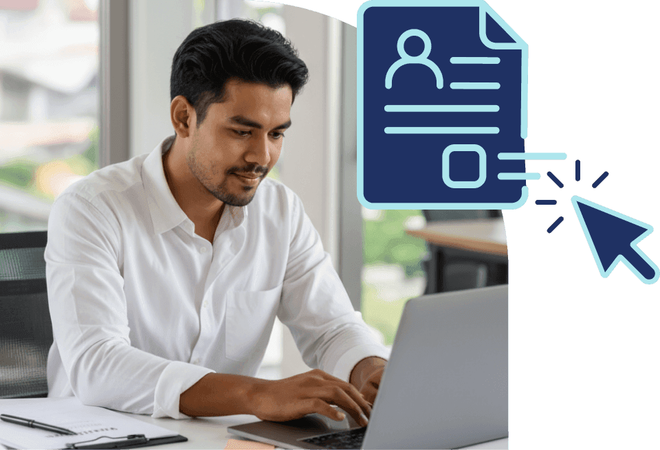 Homem trabalhando em um notebook ao lado de uma ilustração de formulário digital interativo com um cursor de mouse, representando a flexibilidade de configurar o CRM de forma autônoma.