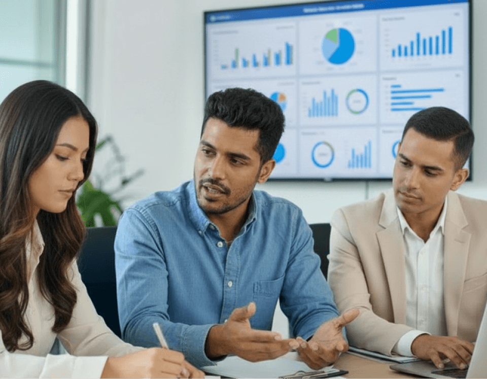 integracao-producao-atendimento-clientes-industria Fotografia de três profissionais discutindo dados diante de um painel de indicadores, representando a integração entre produção, atendimento e clientes nas operações industriais.
