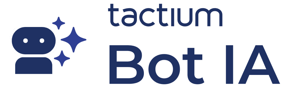 Logotipo azul escuro do módulo Tactium Bot IA acompanhado de um ícone minimalista de robô com estrelas, representando a plataforma de agentes virtuais e inteligência artificial para atendimento.