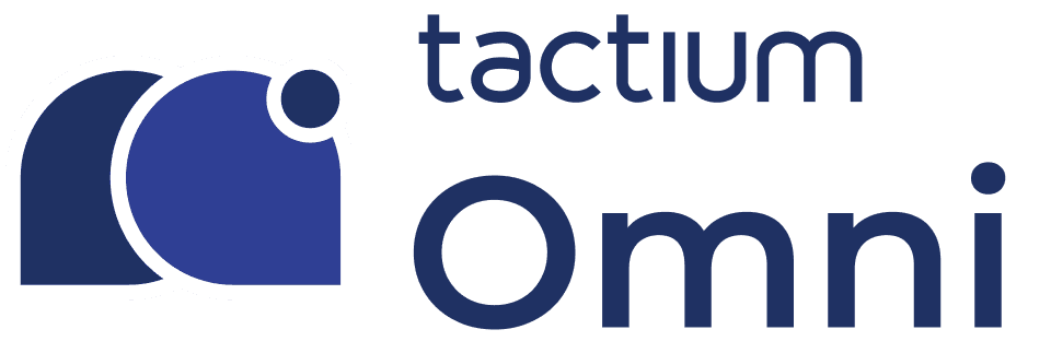 Logotipo azul escuro do módulo Tactium Omni, representando a plataforma omnichannel que centraliza todos os canais de atendimento em um único lugar.