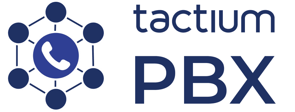 Logotipo do módulo Tactium PBX ao lado de um diagrama azul que ilustra uma rede de telefonia 100% IP, conectando ramais de forma simples e livre de equipamentos locais.