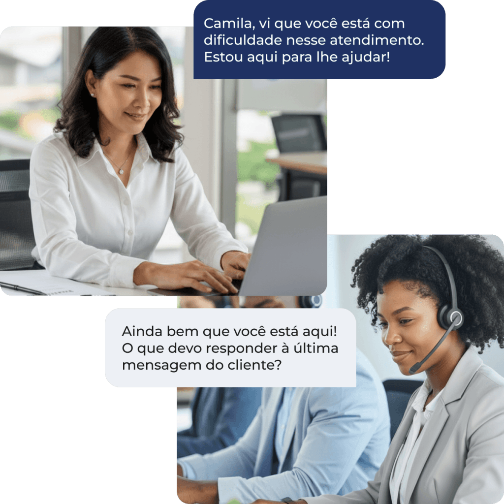 supervisao-conversas-andamento-interferencia-tempo-real Montagem com uma supervisora no notebook e uma atendente com headset, conectadas por balões de chat onde a supervisora oferece ajuda, ilustrando a supervisão e interferência discreta em tempo real.