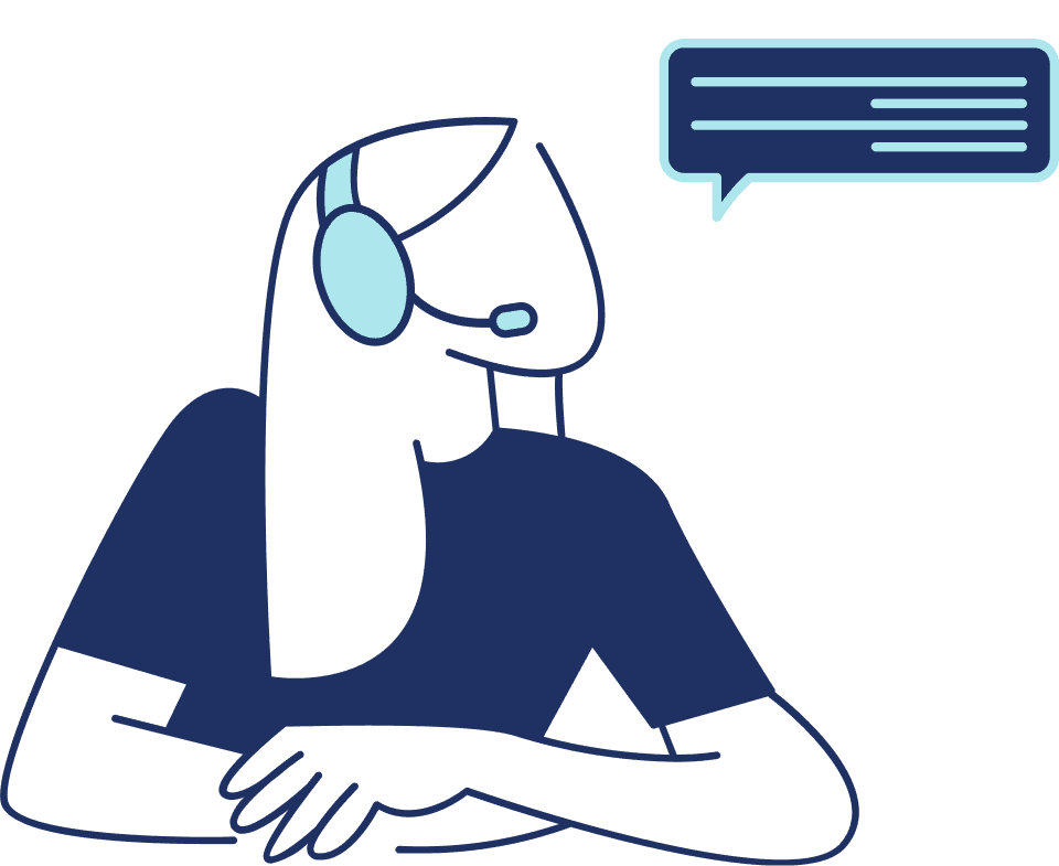 telefonia-nuvem-ramais-corporativos-pbx-ip Ilustração minimalista de uma operadora com headset prestando suporte, representando a evolução para telefonia corporativa em nuvem, livre de equipamentos físicos e utilizando ramais IP.
