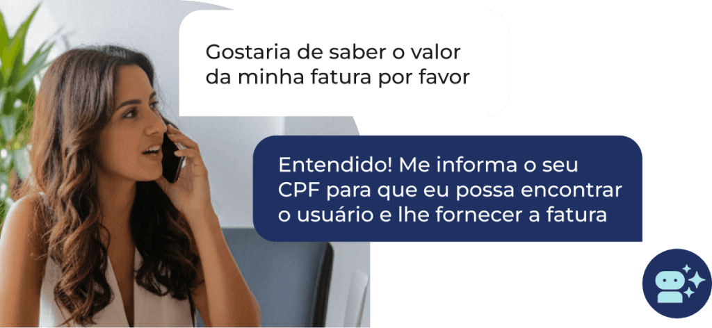 voicebot-automacao-atendimento-voz-inteligencia-artificial Mulher conversando ao telefone com balões de diálogo que demonstram um voicebot inteligente compreendendo o pedido da fatura e solicitando o CPF para a resolução automática sem uso de menus tradicionais.
